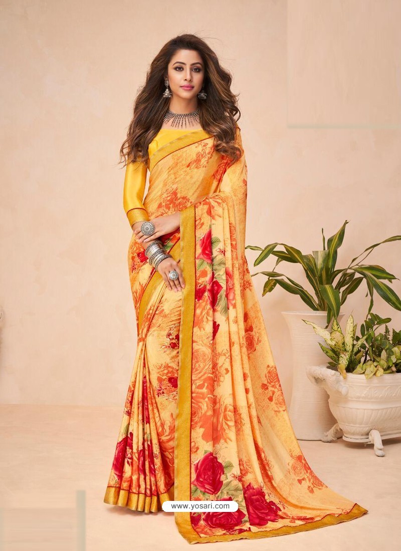 Orange Designer Casual Wear Crepe Sari