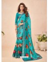Turquoise Designer Casual Wear Crepe Sari