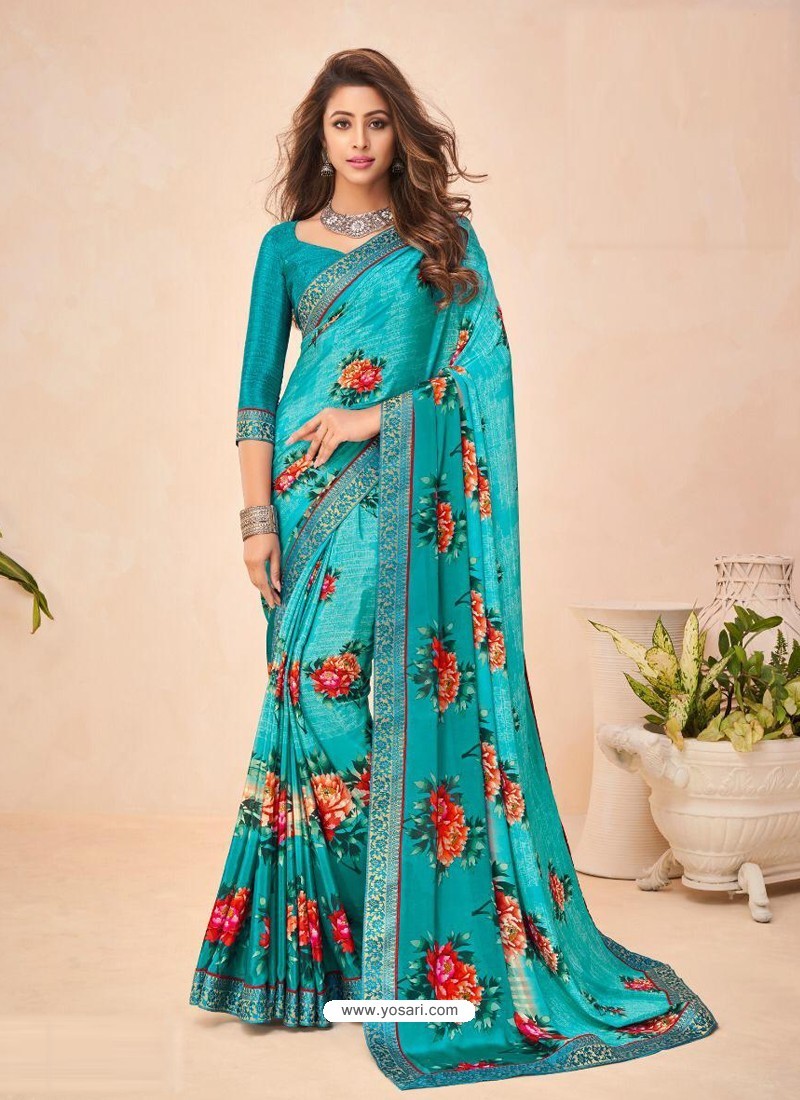 Turquoise Designer Casual Wear Crepe Sari
