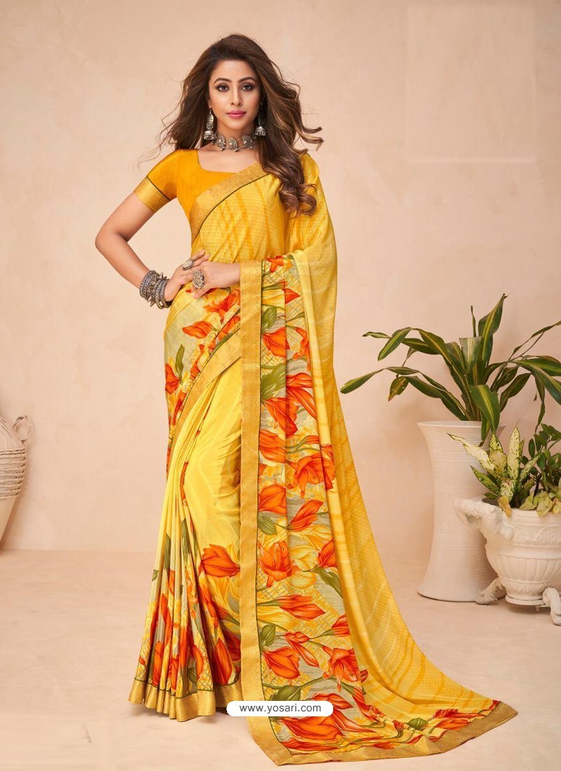Yellow Designer Casual Wear Crepe Sari