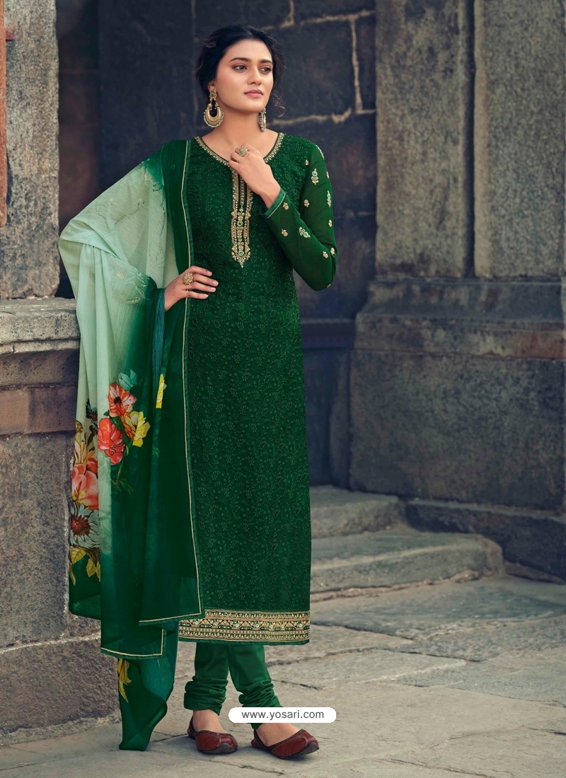 Dark Green Readymade Latest Designer Party Wear Straight Salwar Suit