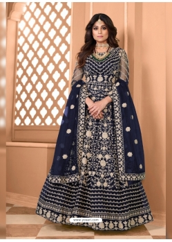 Navy Blue Bridal Designer Party Wear Soft Net Anarkali Suit