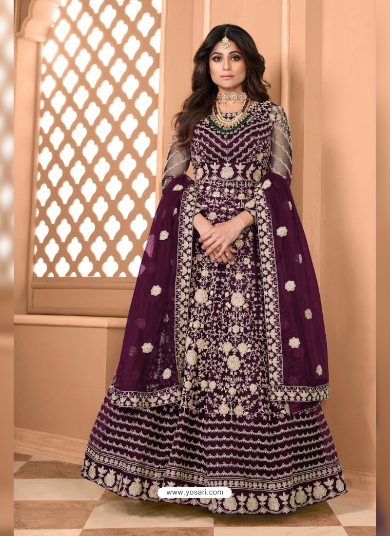 Purple Bridal Designer Party Wear Soft Net Anarkali Suit