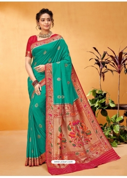 Aqua Mint Designer Party Wear Art Soft Silk Sari