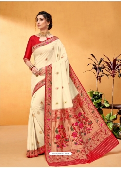 Off White Designer Party Wear Art Soft Silk Sari