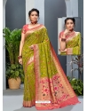 Parrot Green Designer Party Wear Art Soft Silk Sari