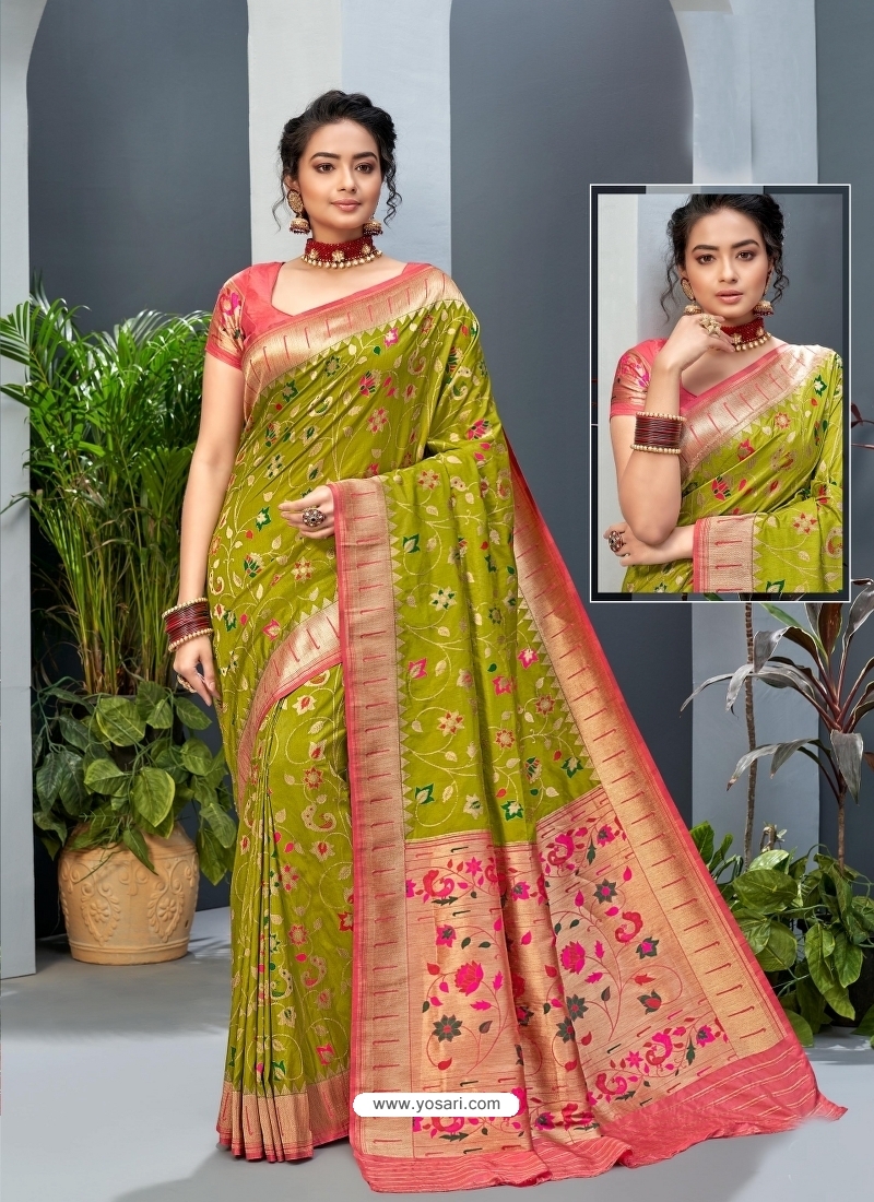 Parrot Green Designer Party Wear Art Soft Silk Sari