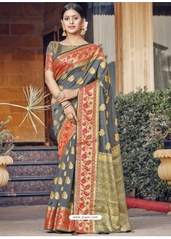 Grey Designer Party Wear Silk Sari