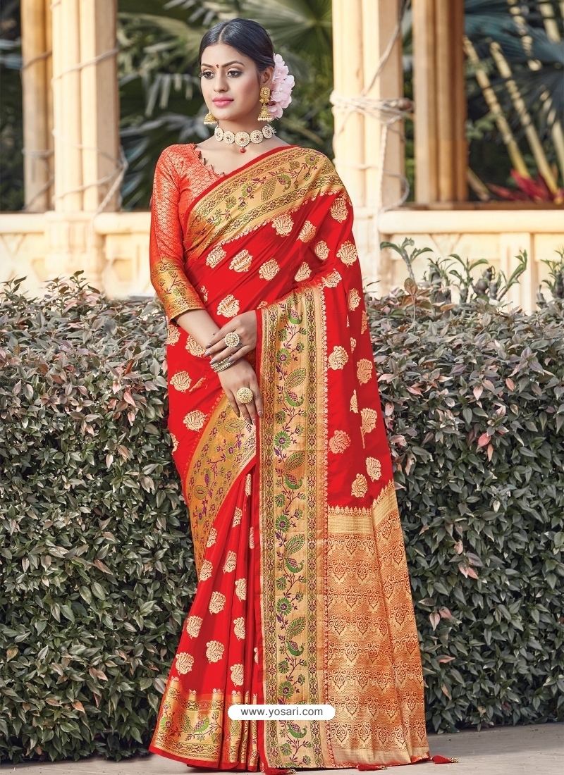 Red Designer Party Wear Silk Sari