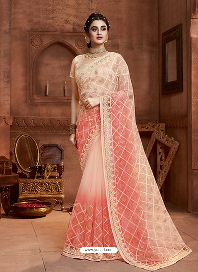 Light Orange Designer Party Wear Net Sari