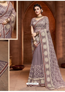 Light Brown Designer Party Wear Net Sari