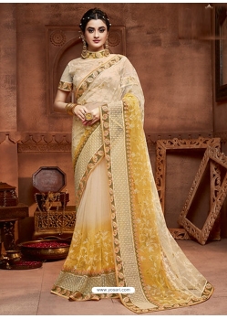 Cream Designer Party Wear Net Sari