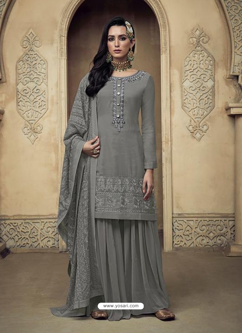 Grey Embroidered Designer Heavy Foux Georgette Sharara Suit