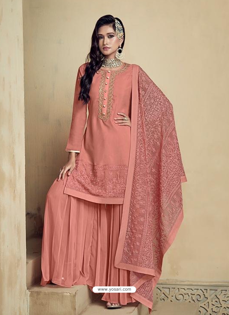 Light Red Embroidered Designer Heavy Foux Georgette Sharara Suit