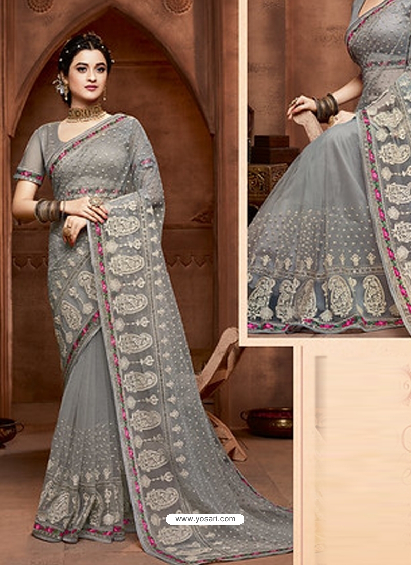 Grey Designer Party Wear Net Sari