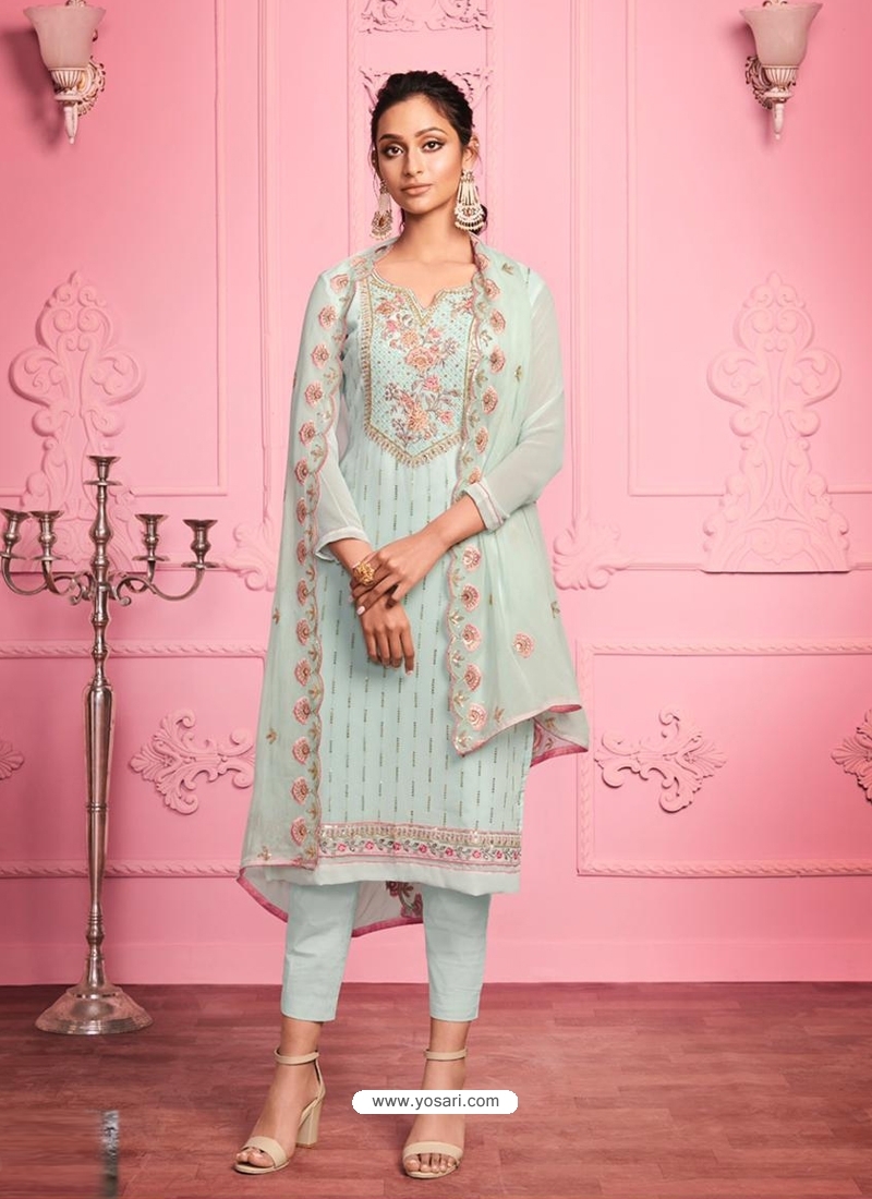Aqua Grey Embroidered Designer Alizeh Gerogette Straight Salwar Suit