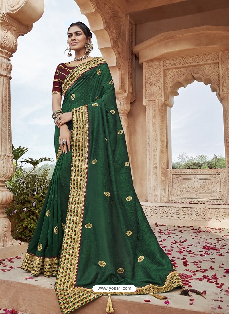 Dark Green Designer Party Wear Silk Sari