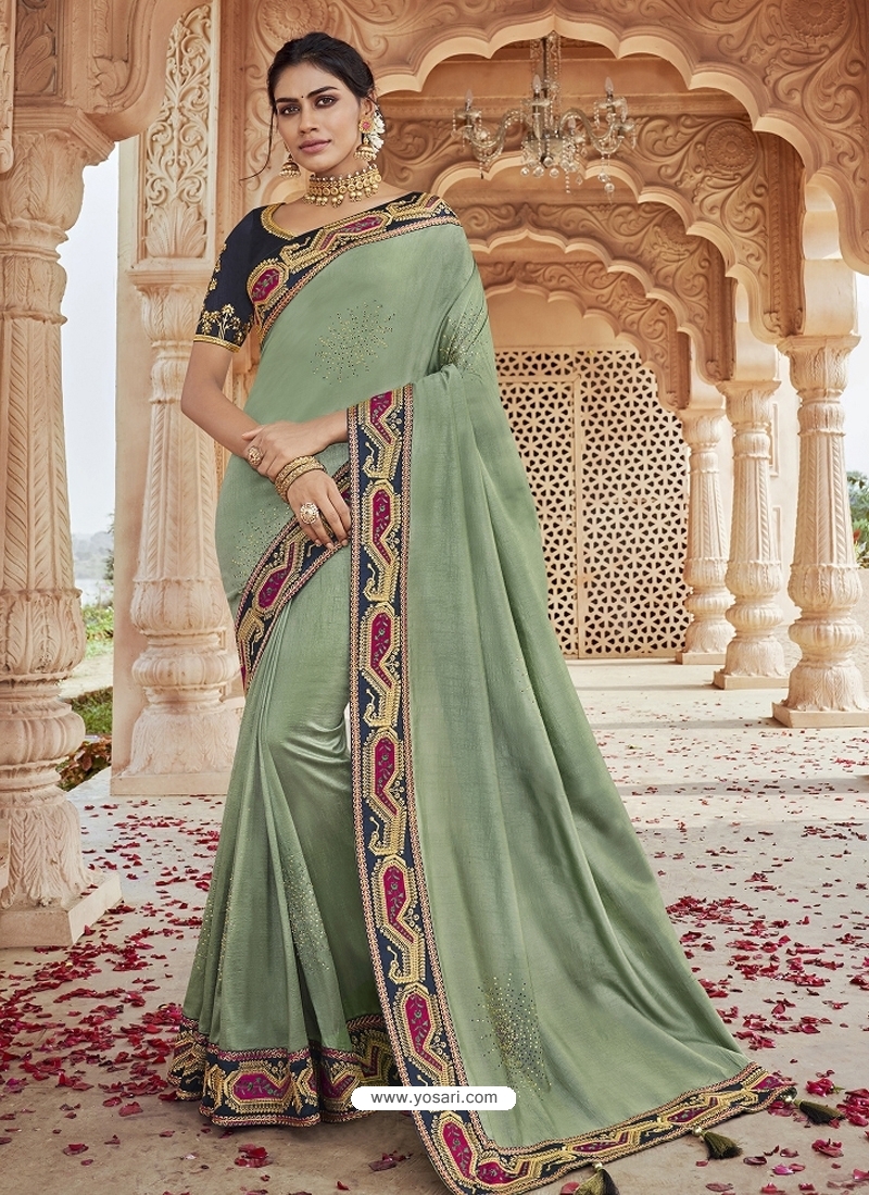 Olive Green Designer Party Wear Silk Sari