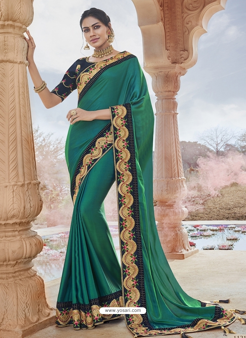 Teal Designer Party Wear Silk Sari