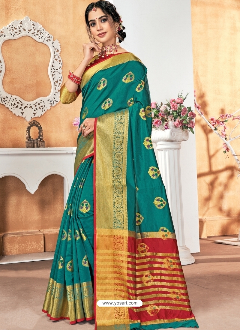 Teal Designer Party Wear Silk Sari