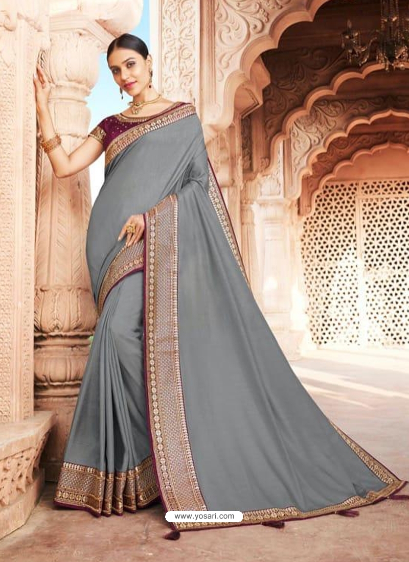 Grey Designer Party Wear Dola Silk Sari