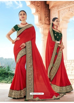 Red Designer Party Wear Dola Silk Sari