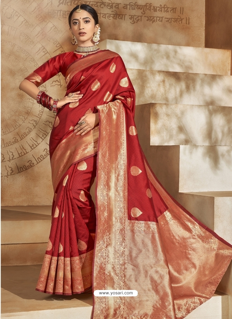Tomato Red Designer Classic Wear Art Silk Sari