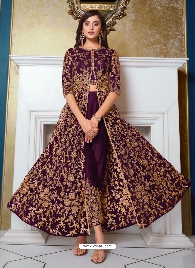 Purple Designer Soft Net Party Wear Indo Western Suit