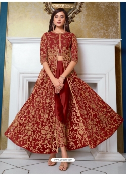 Tomato Red Designer Soft Net Party Wear Indo Western Suit