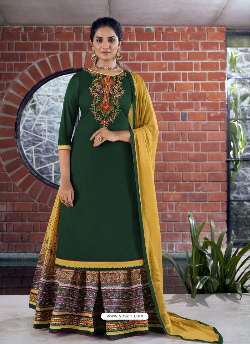 Dark Green Latest Designer Pure Jam Silk Cotton Lehenga Suit