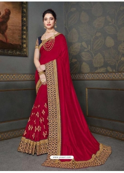 Rose Red Designer Classic Wear Art Silk Sari
