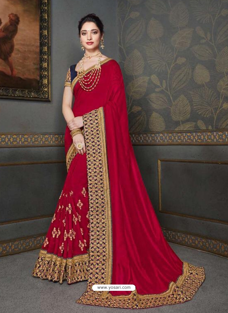 Rose Red Designer Classic Wear Art Silk Sari