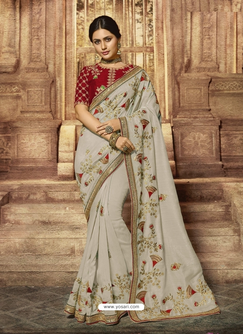 Light Grey Latest Designer Wedding Wear Sari