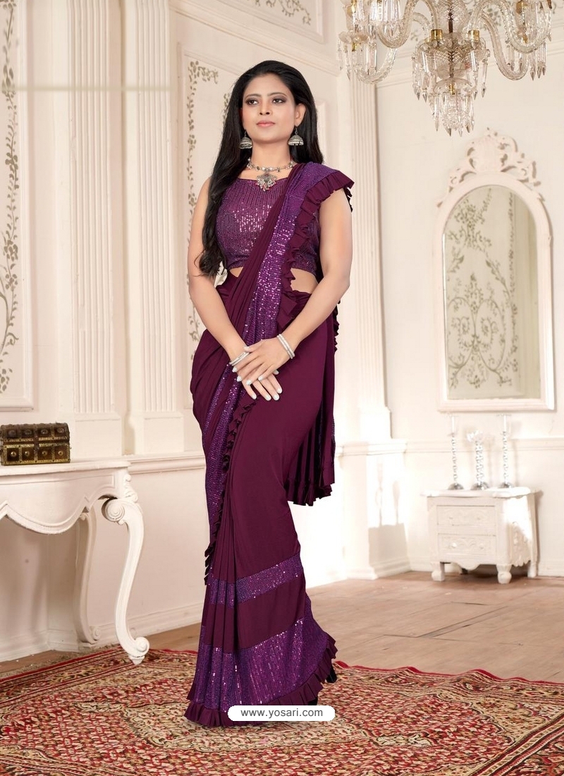 Deep Wine Designer Party Wear Imported Lycra Sari
