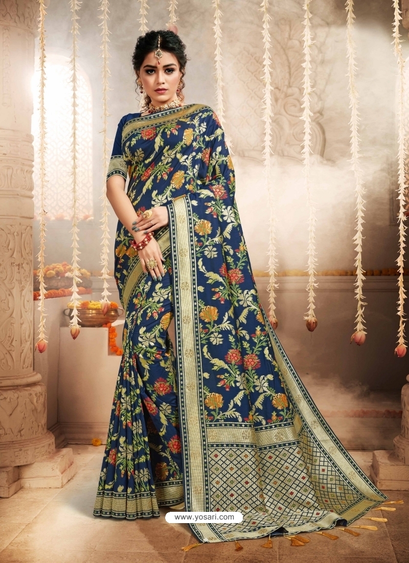 Dark Blue Designer Party Wear Heavy Silk Sari