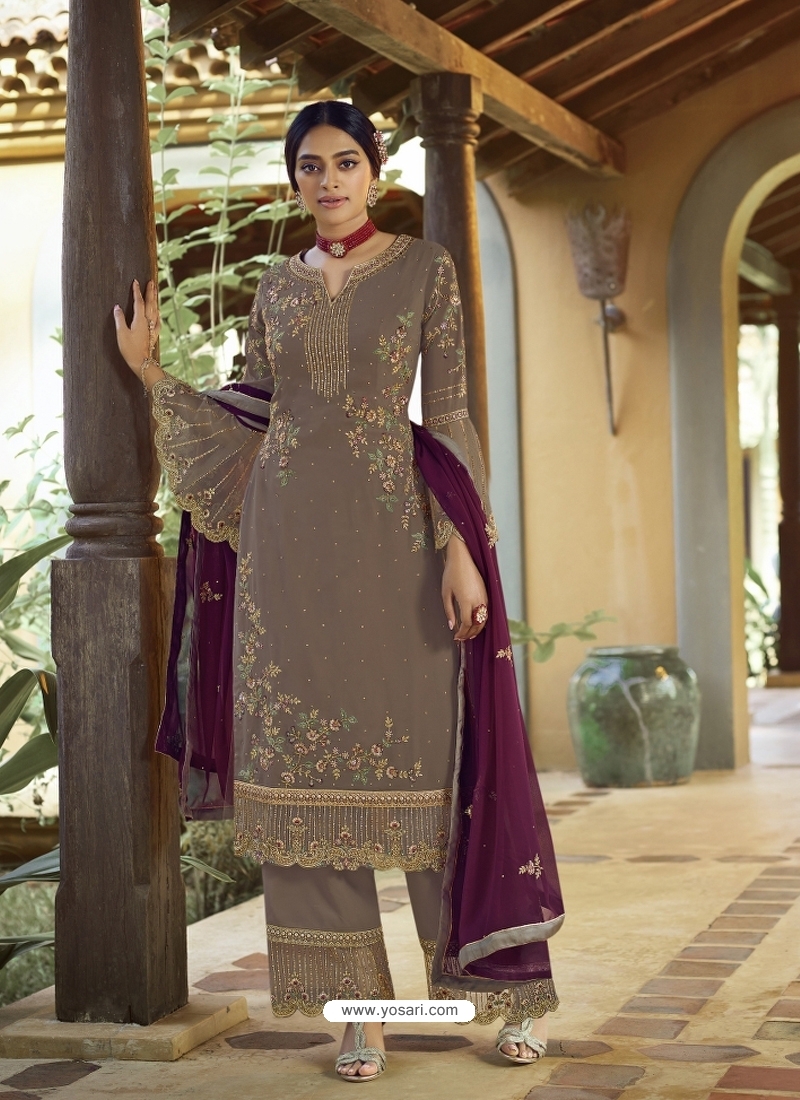 Taupe Designer Party Wear Palazzo Pakistani Suit