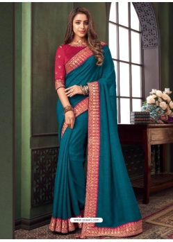 Teal Blue Designer Party Wear Fancy Fabric Sari