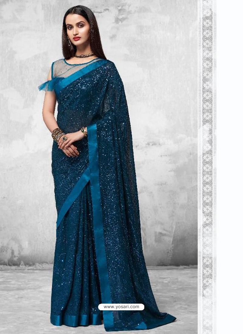 Teal Blue Designer Party Wear Georgette Sari