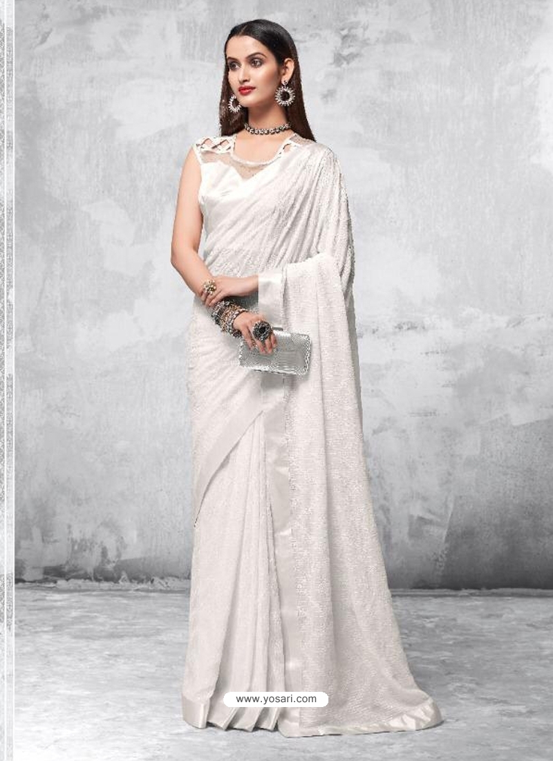 White Designer Party Wear Georgette Sari