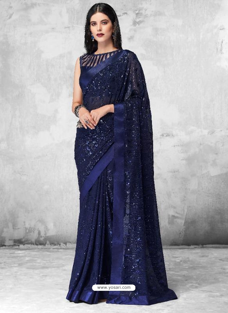 Navy Blue Designer Party Wear Georgette Sari