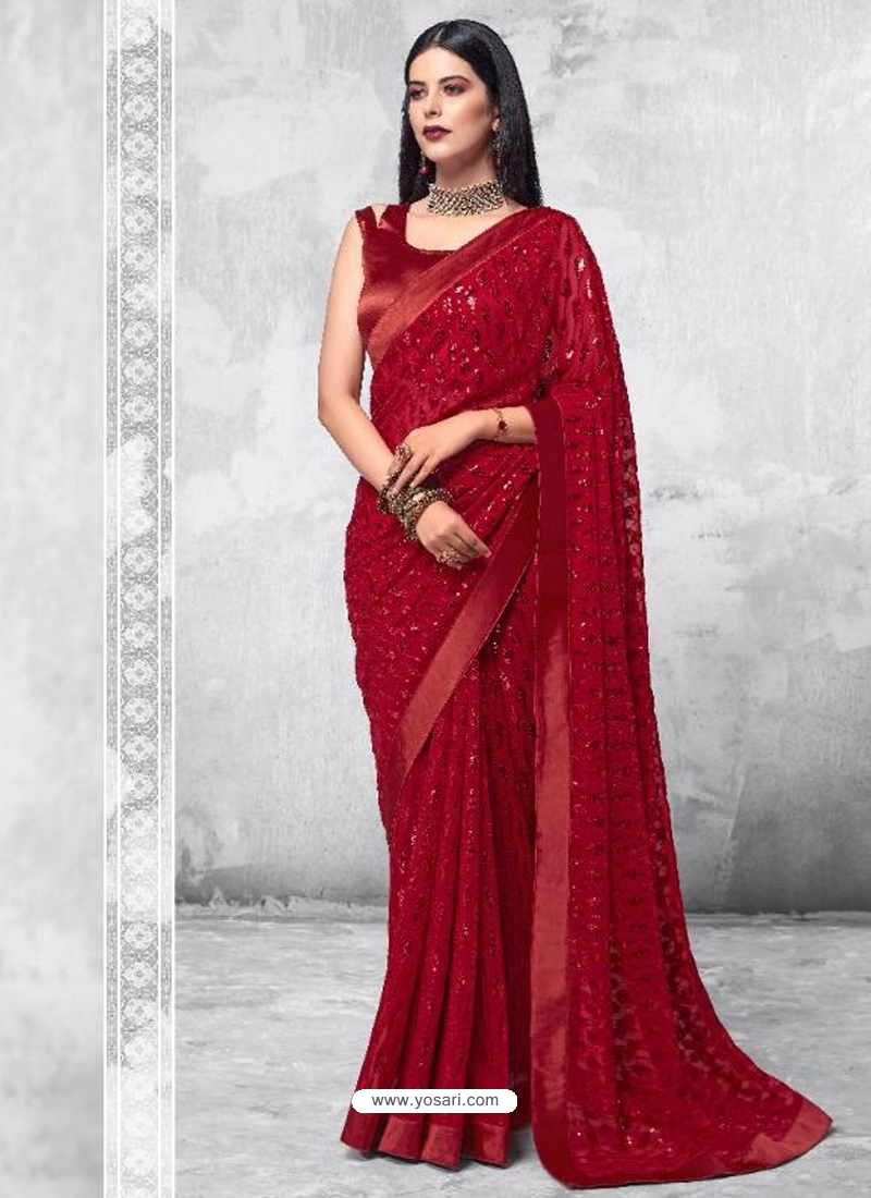 Crimson Designer Party Wear Georgette Sari