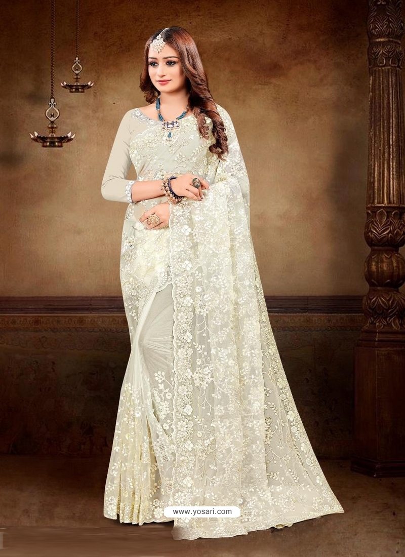 Off White Designer Party Wear Net Sari