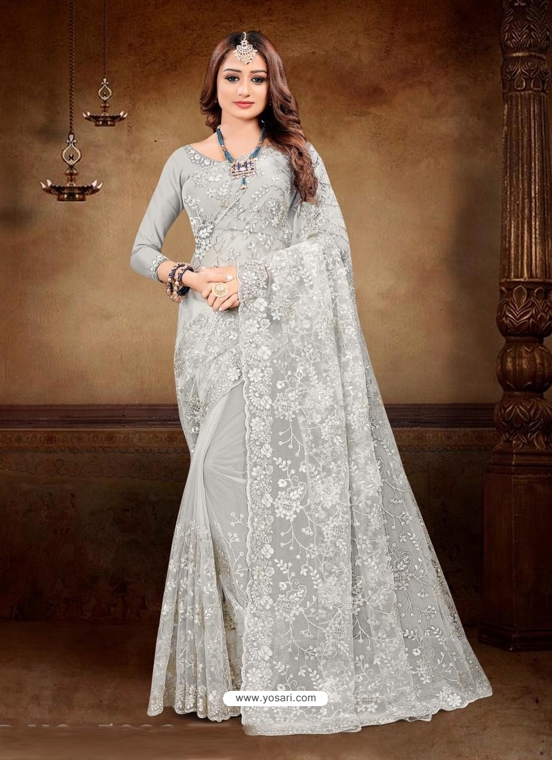 Light Grey Designer Party Wear Net Sari