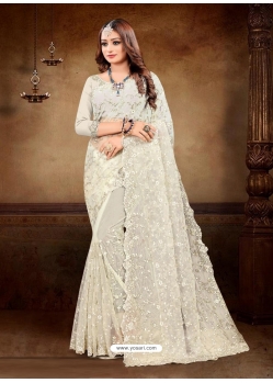 Off White Designer Party Wear Net Sari