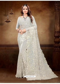 Light Grey Designer Party Wear Net Sari