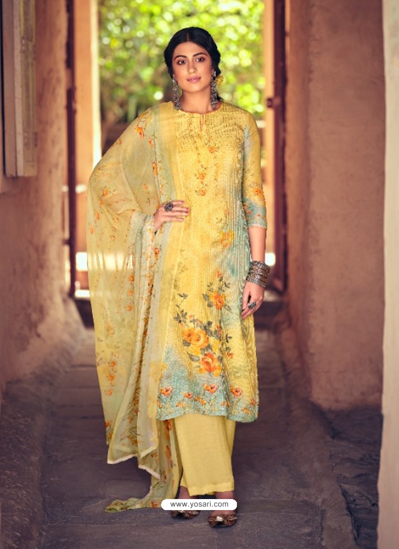 Yellow Designer Pure Maslin Palazzo Salwar Suit