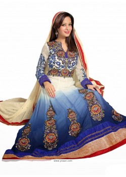 Off White And Blue Faux Georgette Anarkali Suits