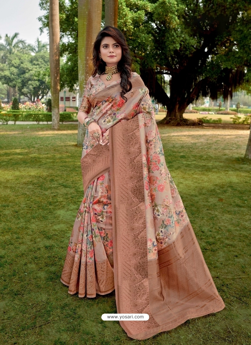 Beige Designer Party Wear Linen Sari