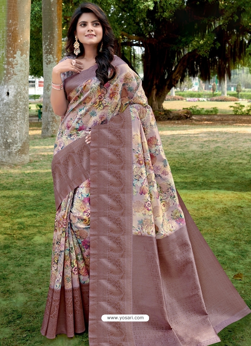 Old Rose Designer Party Wear Linen Sari