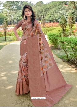 Light Brown Designer Party Wear Linen Sari